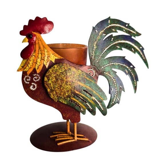 Rustic Metal Rooster Tea Light Farmhouse Candle Holder 6” Tall - Picture 1 of 5
